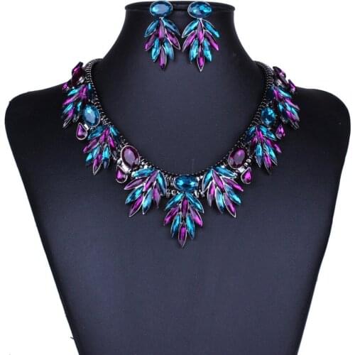 Luxury Women Colorful Austrian Crystal Debutante Choker Necklace+ Stud Earrings Vintage Jewelry Sets