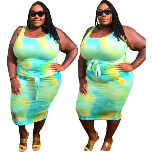 L-4XL 2021 fashion casual plus size dress summer women clothing tie dye printing sleeveless dresses Wholesale Dropshipping
