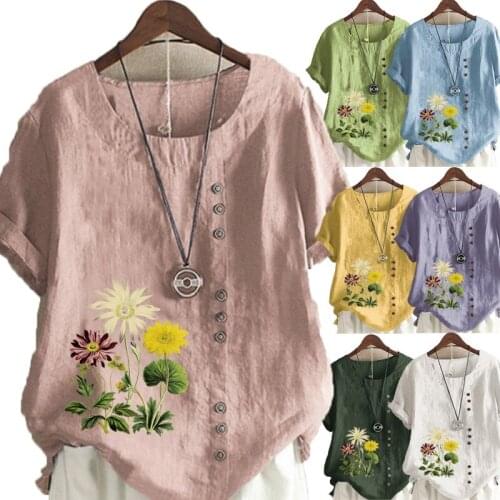 Summer New Fashion Flower Print Loose T-shirt Retro Cotton and Linen O-neck Plus Size Short-sleeved Womens Top S-5XL