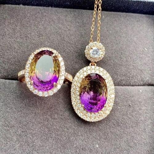 Best Gift Real Natural Natural And Real Ametrine Set 925 sterling silver Fine jewelry 1pc ring,1pc Pendant