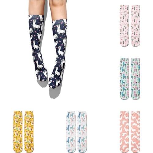 Cute Alpaca Printed Women Socks Funny Fashion Happy Girls Long Socks Harajuku Cotton Comfortable Casual Thigh High Socks Female