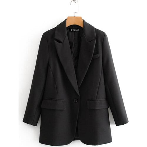 ZA Women 2020 Fashion Office Wear Single Button Blazer Coat Vintage Long Sleeve Pockets Female Outerwear Chic Tops