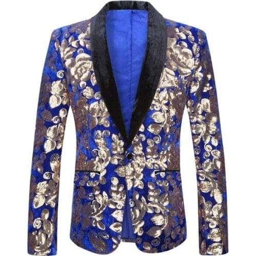 2019 Men Stylish Shawl Lapel Royal Blue Velvet Slim Fit Blazer Plus Size 5XL Gold Floral Sequins DJ Singer Wedding Suit Jacket