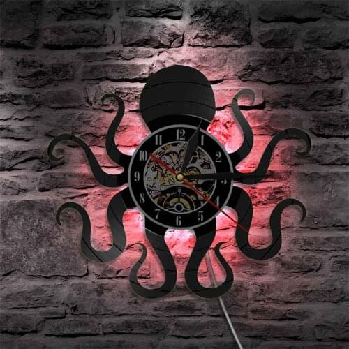 Octopus Mollusk Vinyl Record Wall Clock With LED illumination Kraken Octopus Ocean Animal LED Night Light Modern Lamp