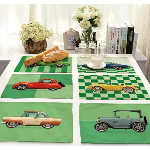 Retro Wedding Cartoon Car Pattern Cotton and Linen Placemat Green Base Fabric European and American Rectangular Table Mat