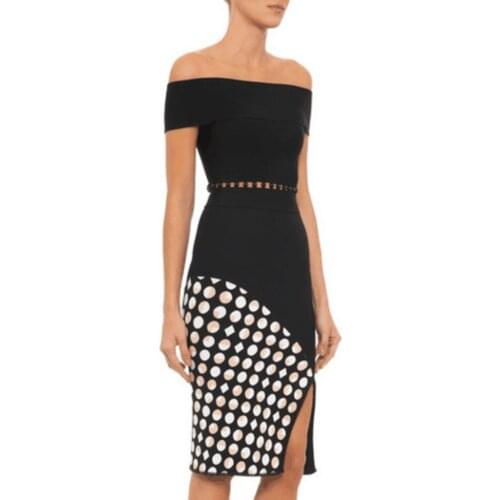 Curvaceous Black Slash Neck Beading Geometrical Bandage Dress Short Sleeve Cut Out Side Slit Patchwork Vestido Women Party Dress