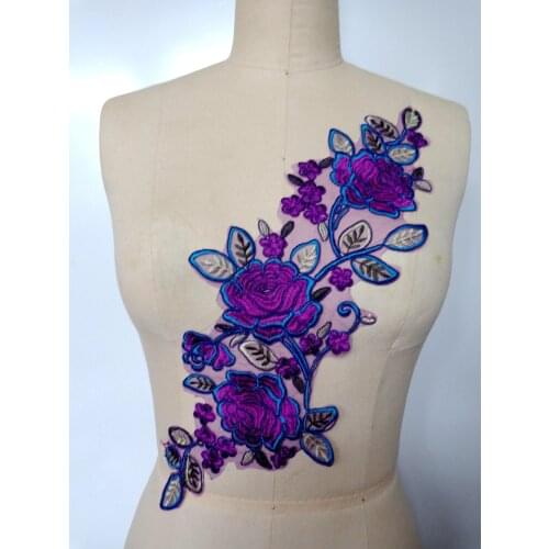 Sew on multicolored lace applique trim purple/green/blue Water - soluble embroidery lace 42*15cm for dress skirt DIY accessory