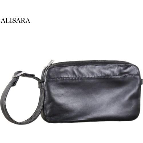 Alisara Messenger Bag Male Genuine Leather Men Multifunctional Clutch Bag Top End Sheepskin Casual Shoulder Crossbody Handbag