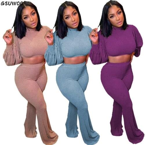 Gsuwoo Fall Winter Womens High Collar Puff Sleeve Flared Pants Suits Fashion Casual Solid Color Long Sleeve 2pcs Outfits Set