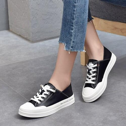 2021 Spring New Genuine Leather Womens Shoes Flat Bottom Casual Student Toe Layer Cowhide Low-top Casual White Shoes