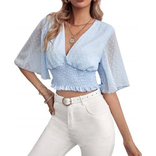 Women Summer Deep V Neck Top White Jacquard Fashion Shirt Female Half Flare Sleeve Chic Shirt Sexy Polka Dot Solid Mesh Blouses