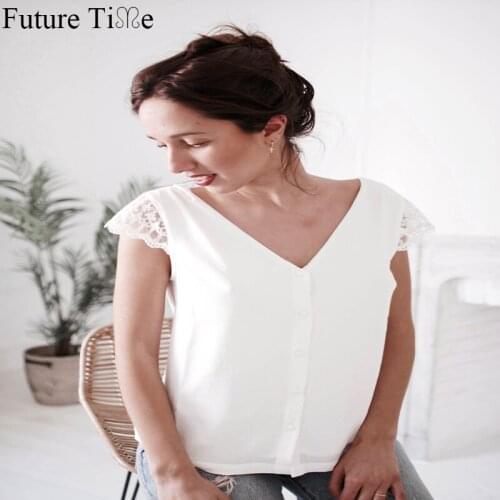 Future Time Solid Color V-neck Lace Stitching Hollow V Halter Button Sexy Top Hollow Out Dresses Ladies Four Colors SP418