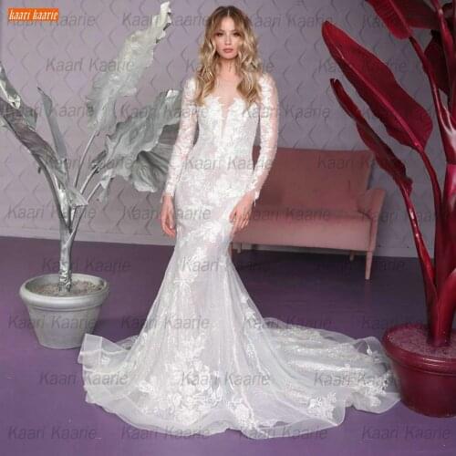 Elegant Mermaid Wedding Dress White 2021 Long Sleeves Vestido De Noiva Slim Fit Marry Bridal Gowns Lace Appliqued Hochzeitskleid
