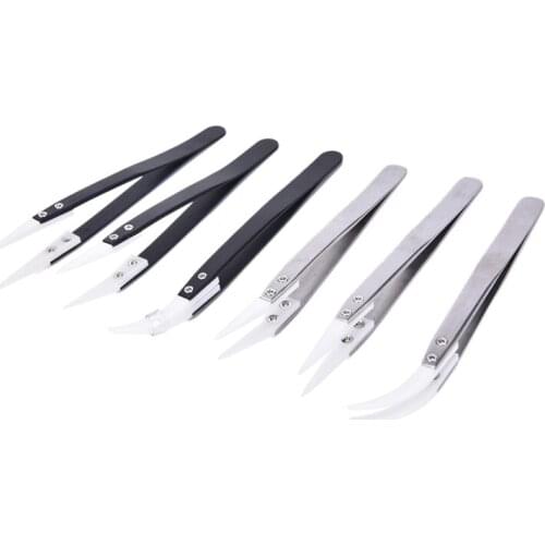 1Pcs Anti-static Stainless Steel Ceramic Tweezers Heat Resistant Non Conductive Ceramic Pointed Tip DIY Tools High Quality
