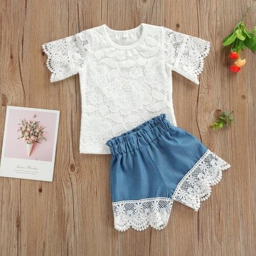 2021 The Summer New 2Pcs Toddler Tracksuits Solid Color O-Neck Short Sleeves T-Shirt + Lace Splicing Shorts Suit for Girls