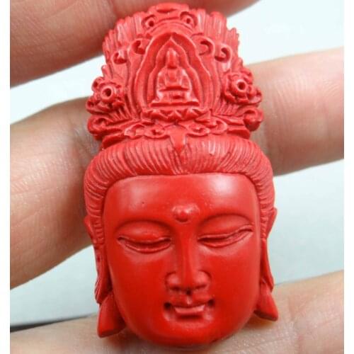 55*41MM Free shipping Chinese Red Organic Cinnabar pendant necklace Buddha head hand-carve