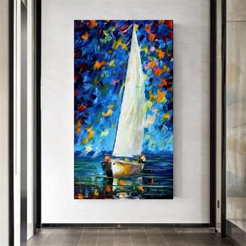 Handmade Large Abstract Modern Sailboat Picture Blue Abstract Seascape Oil Painting On Canvas For Livingroom Decorative Wall Art