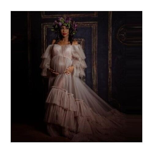 Elegant Tulle Pregnancy Gowns Extra Puffy Ruffles Tiered Custom Made A Line Maternity Dresses For Photo Shoot Strapless