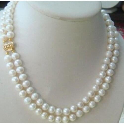 Hot sale new Style >>>>>hot-2-row-9-10MM-AKOYA-REAL-WHITE-PEARL-NECKLACE-14KGP-Clasp