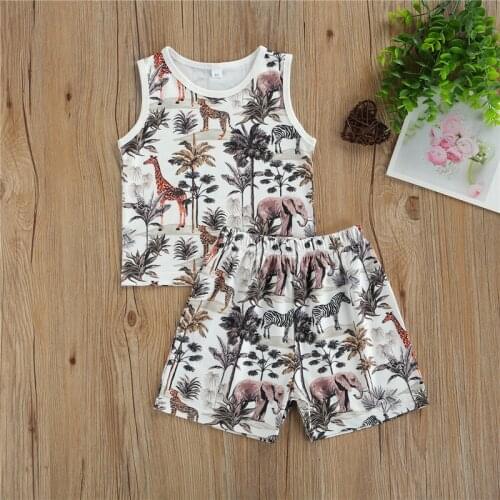 Baby Boys Fashion 2-piece Outfit Set Sleeveless Animal Print Tops+Shorts Set for Kids Boys