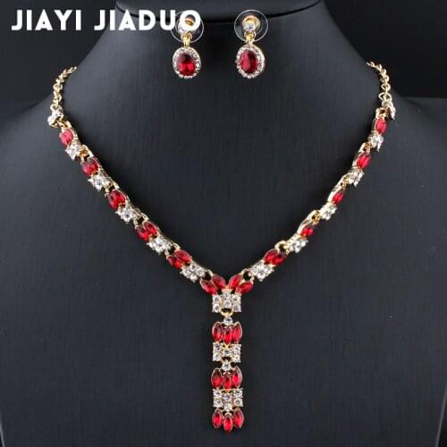 Jiayijiaduo Exquisite Wedding Jewelry Sets For Women Charm Necklace Earrings Set Dress Red Crystal Gold Color Christmas Present