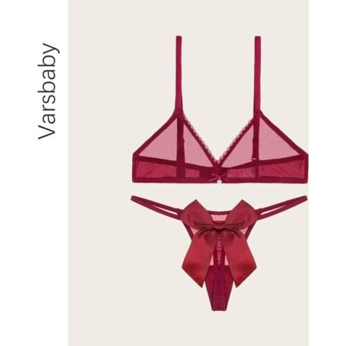 Varsbaby 2021 Women Sexy Bra Set See Through Wire Free Bra + Lace Thong G-sting Sexy lingerie Underwear Set