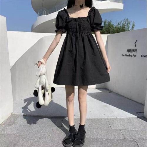 Summer Black Dress Square Collar Women Fairy Puff Sleeve Sweet Mini Vintage Party Lovely Female Simple Mini Dress Japanese 2021