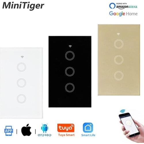 Minitiger US Standard Glass Panel WIFI Touch Switch Smart Home Wall Switch Wireless Control By Tuya 3 Gang Null and Fire Line