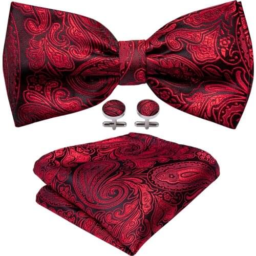 Fashion Red Paisley Silk Bow Tie For Men Wedding Accessories Adjustable Pre-Butterfly Handky Cufflinks Set Barry.Wang F-902