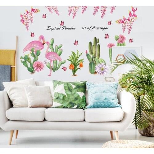 Flamingo With Cactus Flower Wall Stickers For Shop Office Home Decoration Living Room Bedroom Wall Mural Art Diy Pastoral Decal