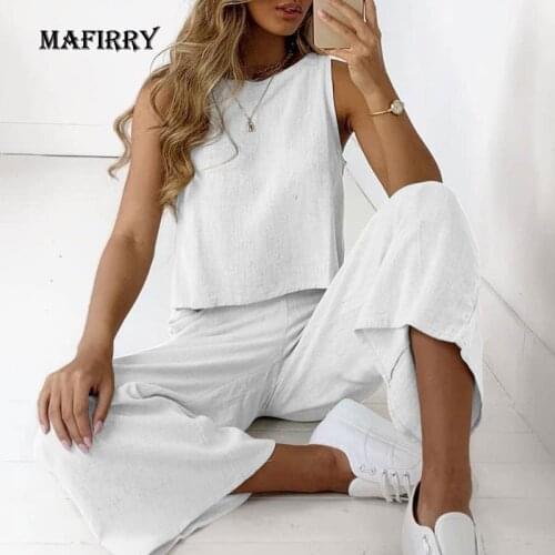 Solid Matching Loose Suits Casual Female Summer High Waist Two Piece Sets Women Tops+Pants Outdoor Sleeveless O-Neck Suit XXXL