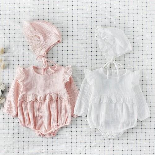 Autumn Infant Girls Bodysuits Baby Cotton Lace Long Sleeve Baby Clothes 2020 New Baby Bodysuit and Hat Set Baby Girl Bodysuits