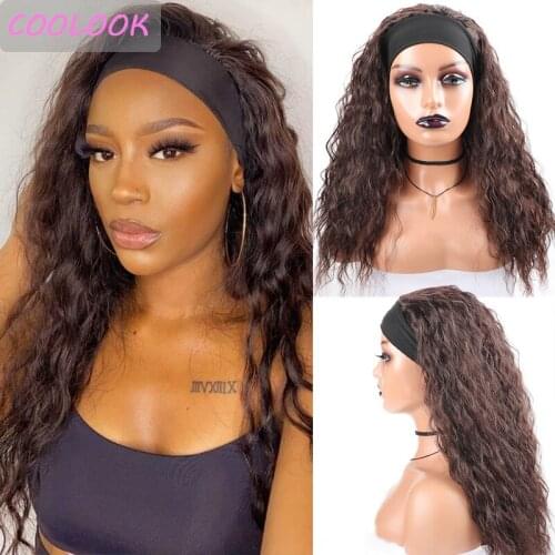 22 Inch Long Wave Headband Wig Honey Brown Loose Wave Wigs with Turban Synthetic Natural Curly Wigs for Black Women Cosplays 99j