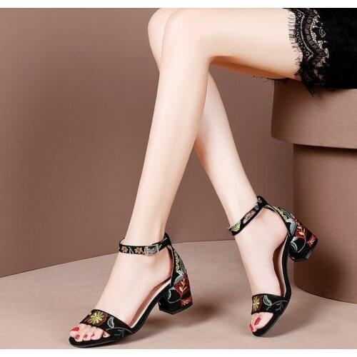 Summer Women Sandals Embroider Ankle Strap Sandal High Heels Dress Shoes Flower Ladies Shoes Sandalias zapatillas mujer
