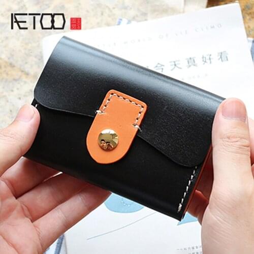 AETOO Tanning cowhide wallet buckle hit color handmade small card bag leather drivers license Retro card bag