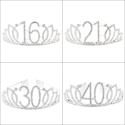 Silver 16 21 30 40 50 60 Rhinestone Birthday Party Crown Tiara Women Girls Sweet 16th 21st 30th 40th 50th 60th Birthday Decor
