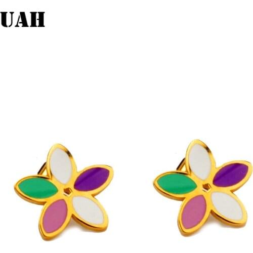 UAH Wholesale Stainless Steel Flower Stud Earrings for Womenn Fashion Jewelry Cute Romantic Enamel Statement Earings Oorbellen