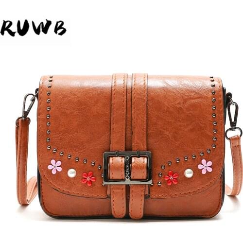 RUWB Female small flap crossbody bags for women PU Leather rivet floral shoulder bag ladies fashion clutch purses messenger bags