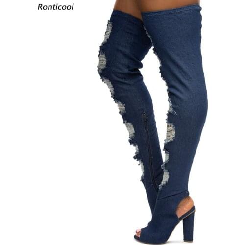 Ronticool New Women Spring Thigh Boots Denim Side Zipper Block Heels Open Toe Pretty Black Blue Casual Shoes Women Size 35 45 47