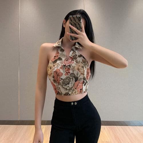 Women Tanks Tops Printed Halterneck Vest Womens 2021 Spring Jacquard Polo Collar Top Camis Crop Top For Women