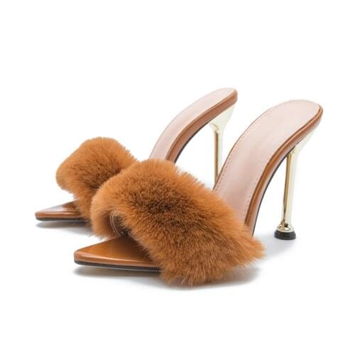 2021 Fur Strapless Sandals Women Sexy Sandals Pumps Shoes High Thin Heels Shoes Pointed Toe Ladies Pump Shoes