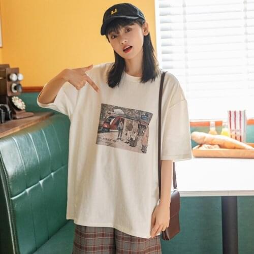 Printed Pullover Short-Sleeved T-Shirt Women 2021 Spring And Summer New Japanese Loose Round Neck Large Size Ins Tide Top Y011