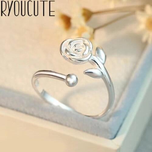 Bohemian Vintage Silver Color Rose Flower Rings for Women Bijoux Fashion Adjustable Size Finger Rings Anillos Mujer