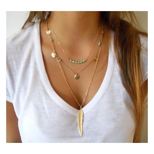 Hot Fashion Gold Color Multilayer Coin Tassels Lariat Bar Necklaces Beads Choker Feather Pendants Necklaces For Women Bijoux