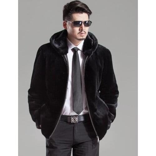 Autumn hooded faux mink fur leather jacket mens winter thicken warm fur leather coat men loose jackets fashion B
