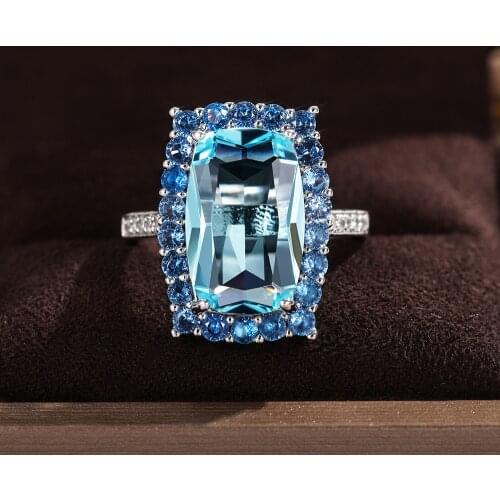 Dainty Bride Square Zircon Engagement Ring Vintage Female Aqua Blue Crystal Ring Charm Silver Color Big Wedding Rings For Women