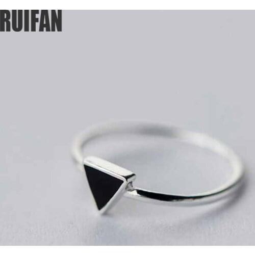 Ruifan Triangle Black Enamel Open Silm Thin Rings 925 Sterling Silver Ring Minimalist Trendy Jewelry for Women Party Gift YRI137