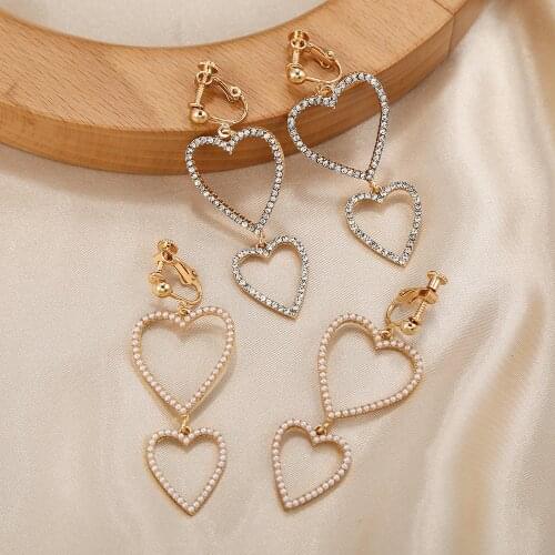 Fashion Gold Color Heart Pearl Clip on Earrings for Women Statement Temperament Dangle Ear Clips Jewelry Wedding Gift Pendientes