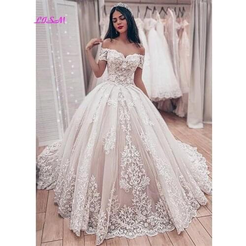 Muslim Lace Ball Gown Wedding Dresses 2021 Gorgeous Sweetheart Off the Shoulder Appliques Bridal Dress Long Wedding Party Gowns