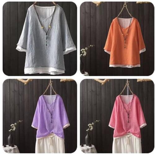 New false double color matching ultra-thin retro literary fan 7 minutes of sleeve loose t-shirts Chinese wind cotton shirt